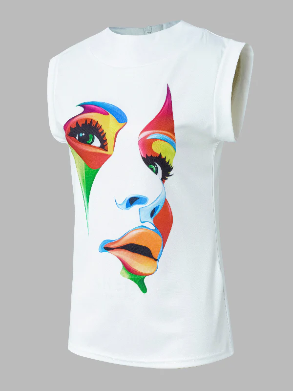 Cap Sleeve Loose Multi-Colored Printed High-Neck T-Shirts Tops - Image 6