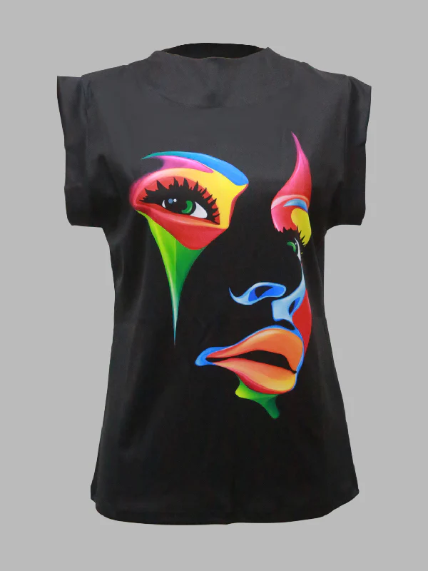 Cap Sleeve Loose Multi-Colored Printed High-Neck T-Shirts Tops - Image 8