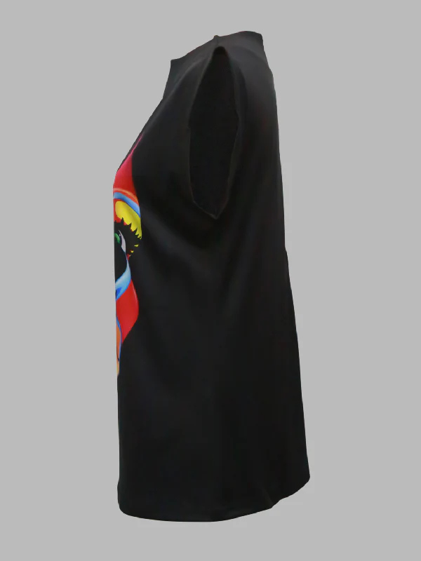 Cap Sleeve Loose Multi-Colored Printed High-Neck T-Shirts Tops - Image 9