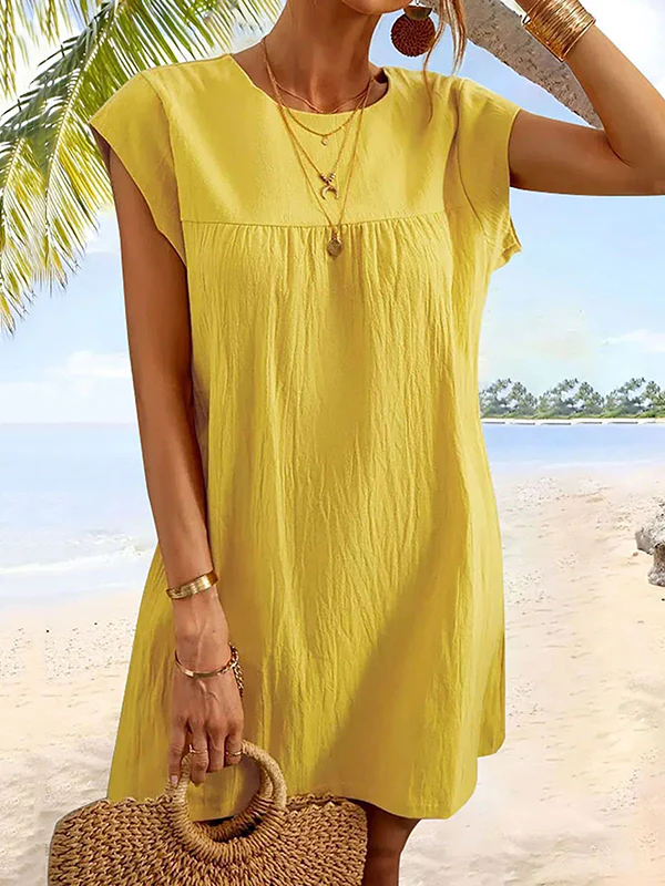 Cap Sleeve Loose Pleated Solid Color Round-Neck Mini Dresses - Image 5