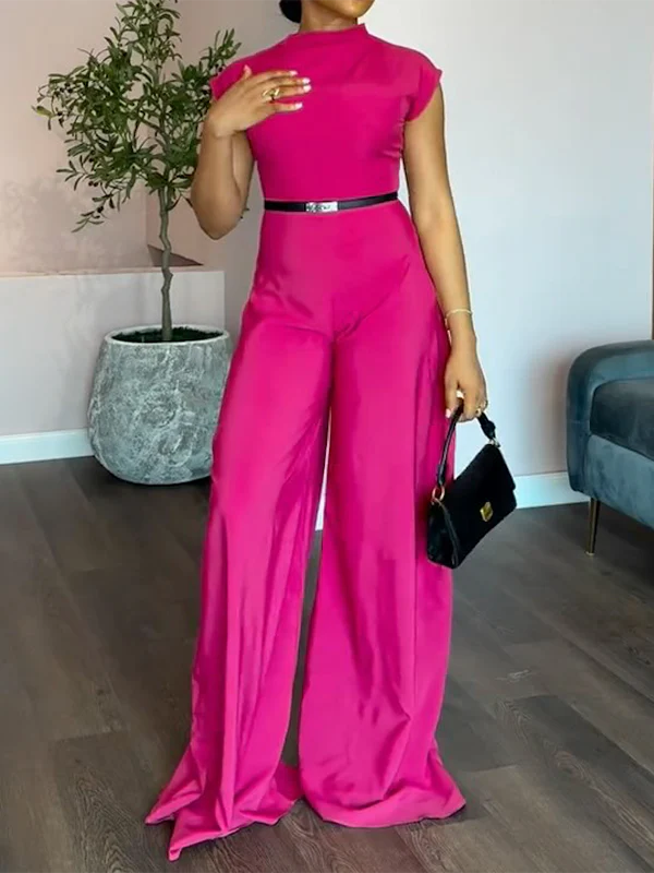 Cap Sleeve Wide Leg No Belt Solid Color Stand Collar Jumpsuits - Image 2