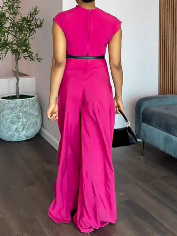 Cap Sleeve Wide Leg No Belt Solid Color Stand Collar Jumpsuits - Image 3