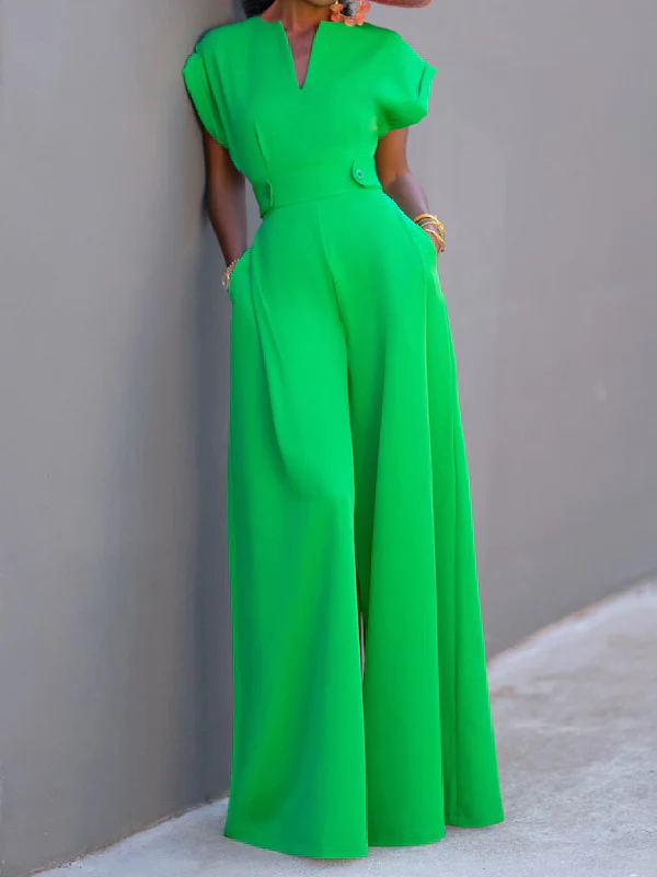 Cap Sleeve Wide Leg Solid Color Jumpsuits - Image 3