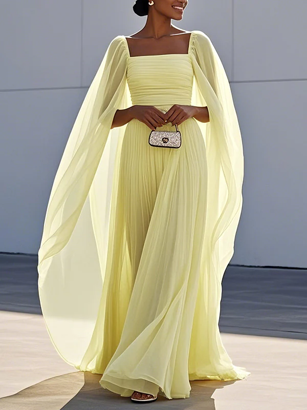 Cape Gauze Pleated Split-Joint Square-Neck Evening Dresses Maxi Dresses - Image 2