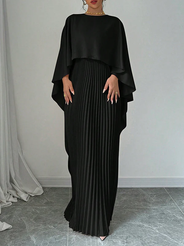 Cape High-Low Pleated Solid Color Split-Joint Round-Neck Evening Dresses Maxi Dresses - Image 2