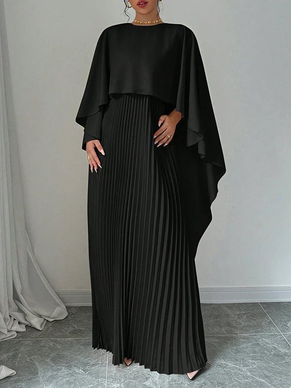 Cape High-Low Pleated Solid Color Split-Joint Round-Neck Evening Dresses Maxi Dresses - Image 3