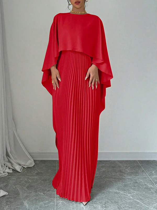 Cape High-Low Pleated Solid Color Split-Joint Round-Neck Evening Dresses Maxi Dresses - Image 4