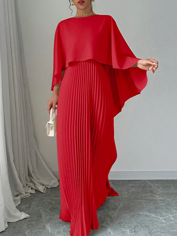 Cape High-Low Pleated Solid Color Split-Joint Round-Neck Evening Dresses Maxi Dresses - Image 5