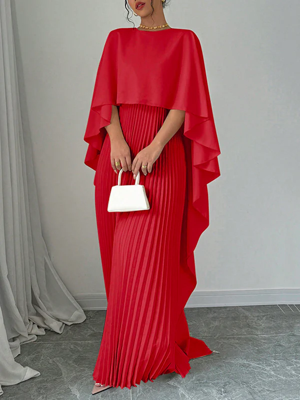 Cape High-Low Pleated Solid Color Split-Joint Round-Neck Evening Dresses Maxi Dresses - Image 6
