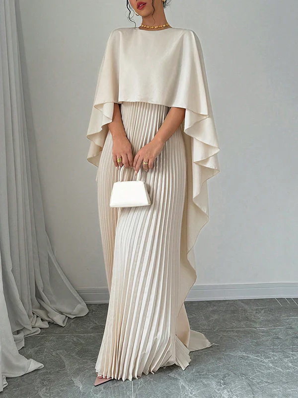 Cape High-Low Pleated Solid Color Split-Joint Round-Neck Evening Dresses Maxi Dresses - Image 7
