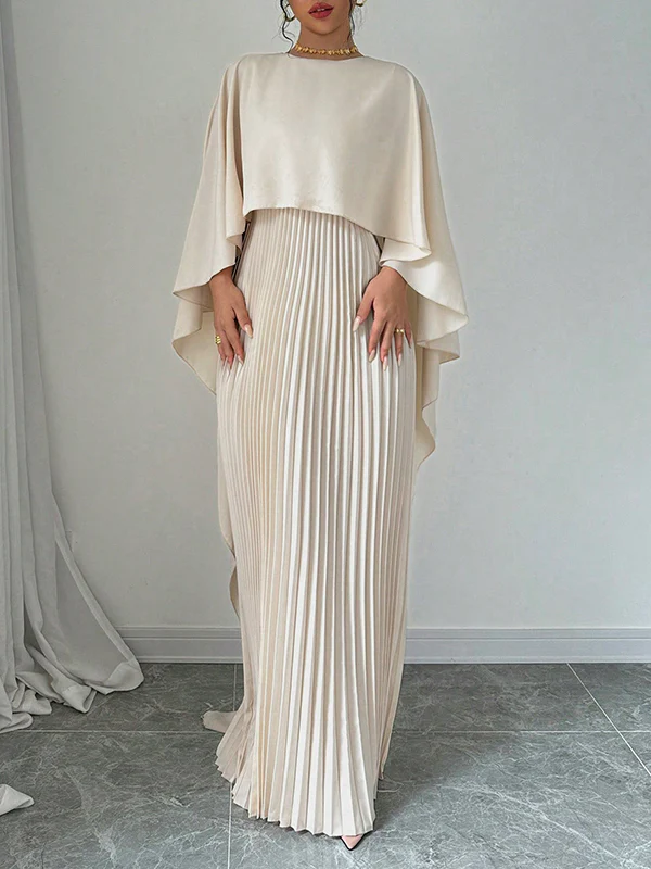 Cape High-Low Pleated Solid Color Split-Joint Round-Neck Evening Dresses Maxi Dresses - Image 8