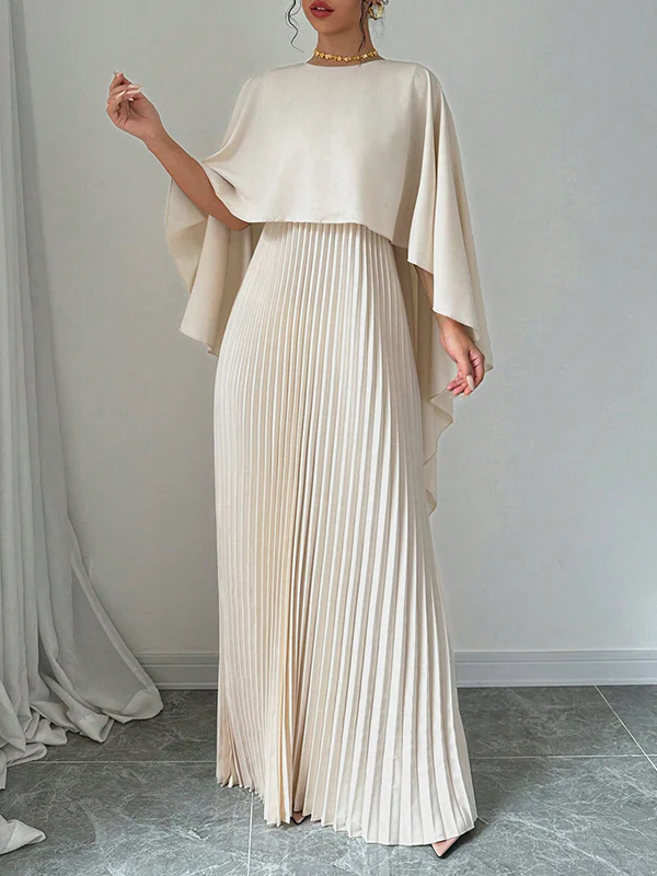 Cape High-Low Pleated Solid Color Split-Joint Round-Neck Evening Dresses Maxi Dresses - Image 9