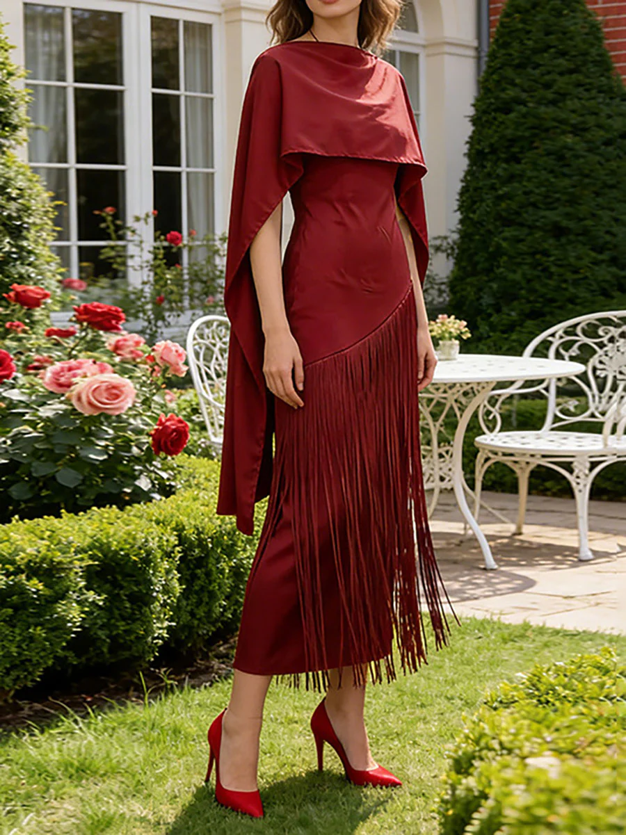 Cape High Waisted Solid Color Split-Joint Tasseled Scarf Collar Midi Dresses - Image 3