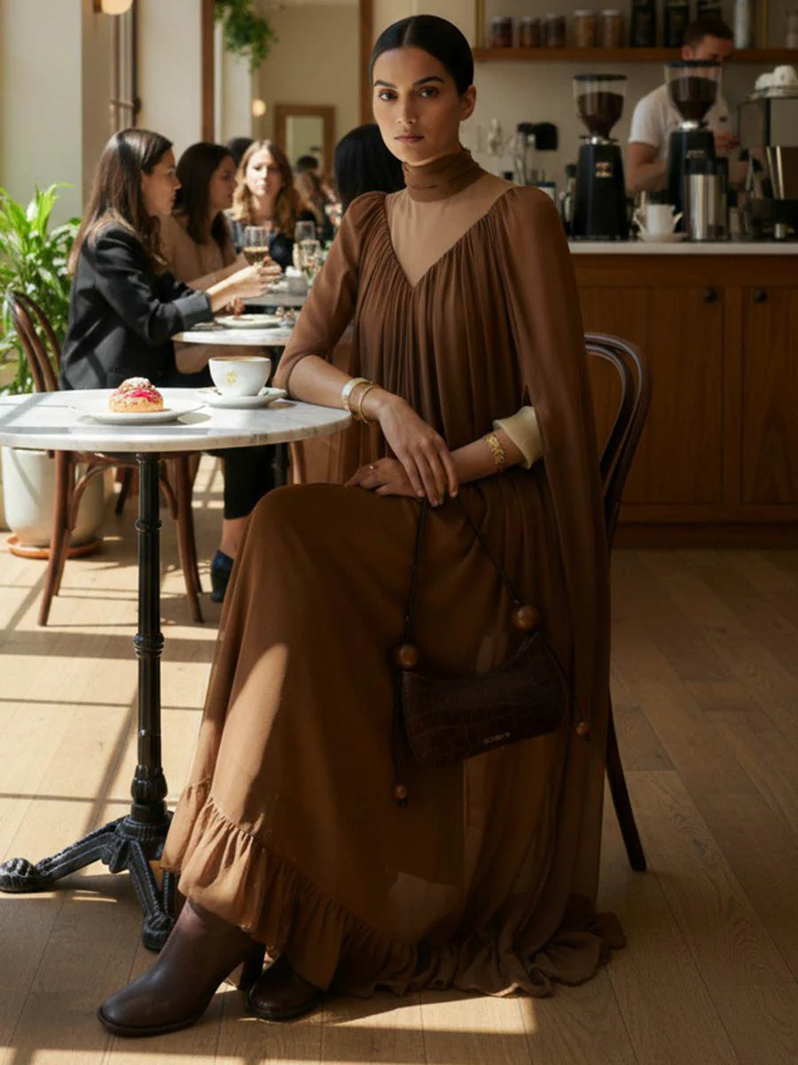 Cape Irregularity Layered Pleated Ruffled See-Through Solid Color Split-Joint High Neck Maxi Dresses - Image 10