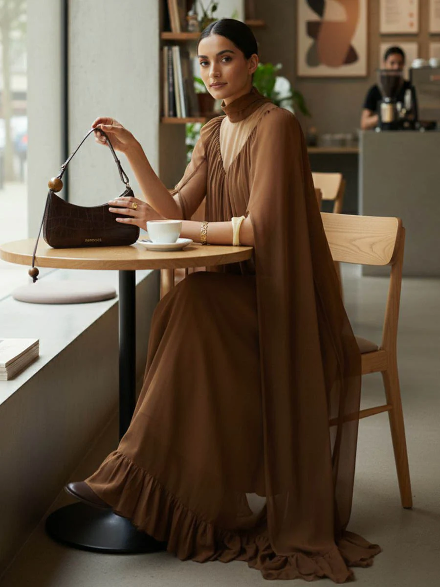 Cape Irregularity Layered Pleated Ruffled See-Through Solid Color Split-Joint High Neck Maxi Dresses - Image 11