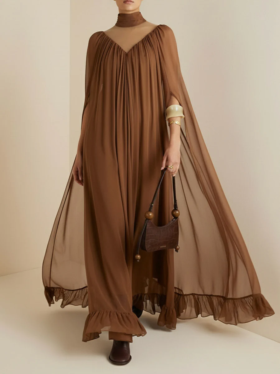 Cape Irregularity Layered Pleated Ruffled See-Through Solid Color Split-Joint High Neck Maxi Dresses - Image 2