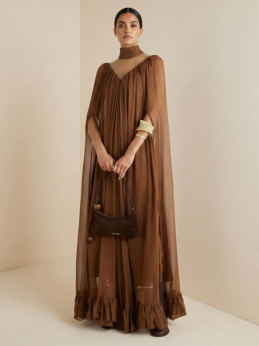 Cape Irregularity Layered Pleated Ruffled See-Through Solid Color Split-Joint High Neck Maxi Dresses - Image 3
