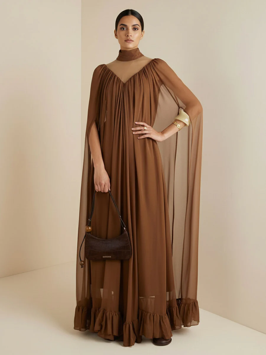 Cape Irregularity Layered Pleated Ruffled See-Through Solid Color Split-Joint High Neck Maxi Dresses - Image 4