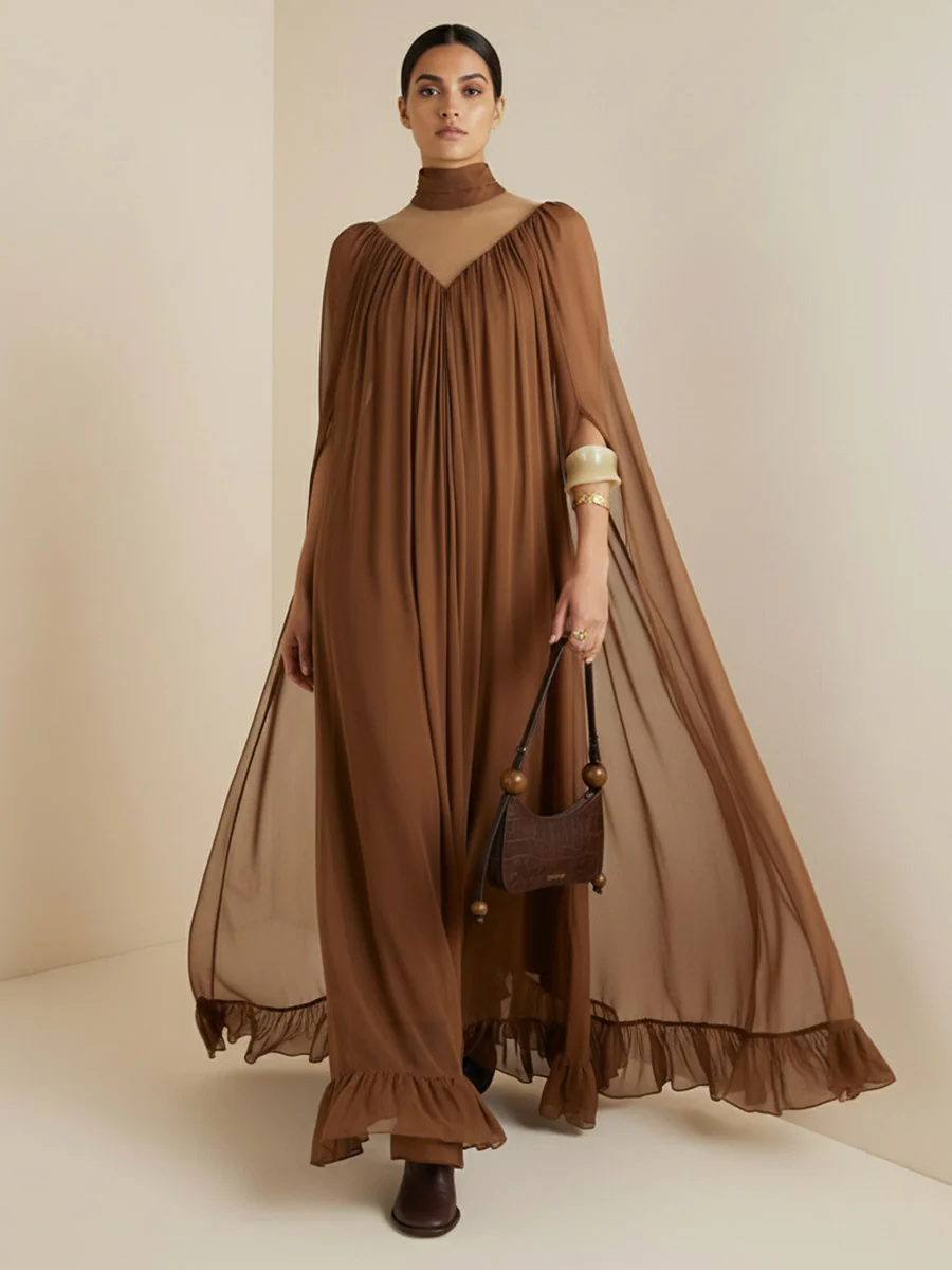 Cape Irregularity Layered Pleated Ruffled See-Through Solid Color Split-Joint High Neck Maxi Dresses - Image 5