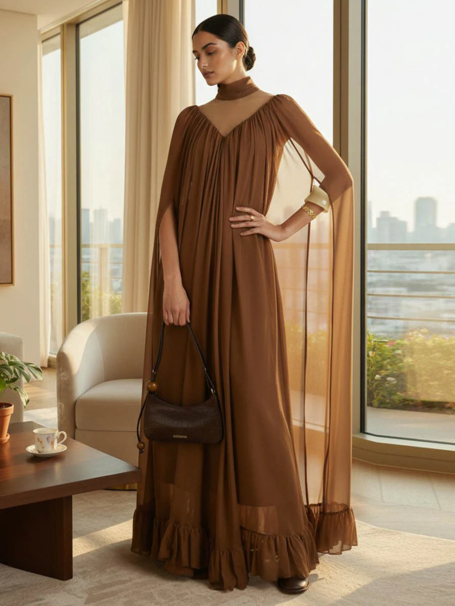 Cape Irregularity Layered Pleated Ruffled See-Through Solid Color Split-Joint High Neck Maxi Dresses - Image 6