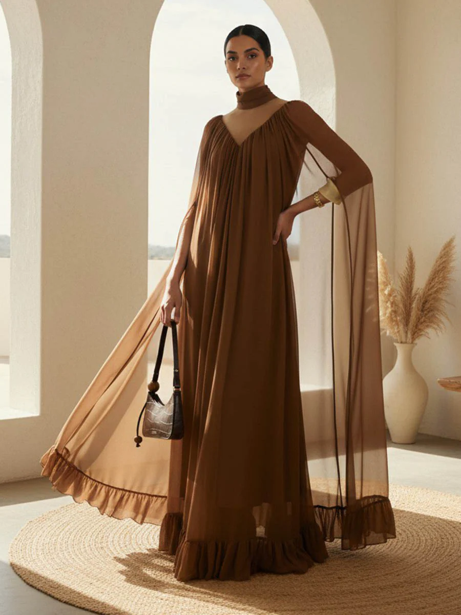 Cape Irregularity Layered Pleated Ruffled See-Through Solid Color Split-Joint High Neck Maxi Dresses - Image 7