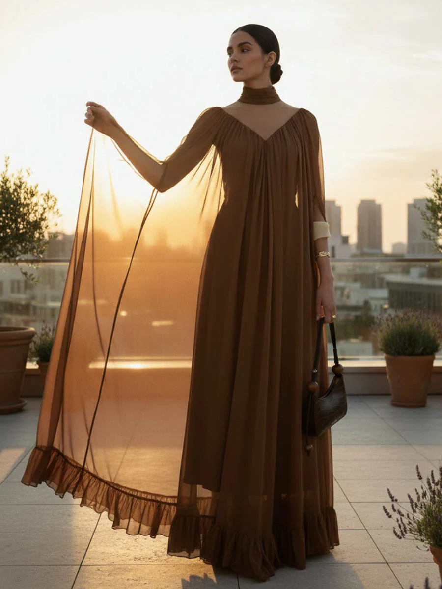 Cape Irregularity Layered Pleated Ruffled See-Through Solid Color Split-Joint High Neck Maxi Dresses - Image 8
