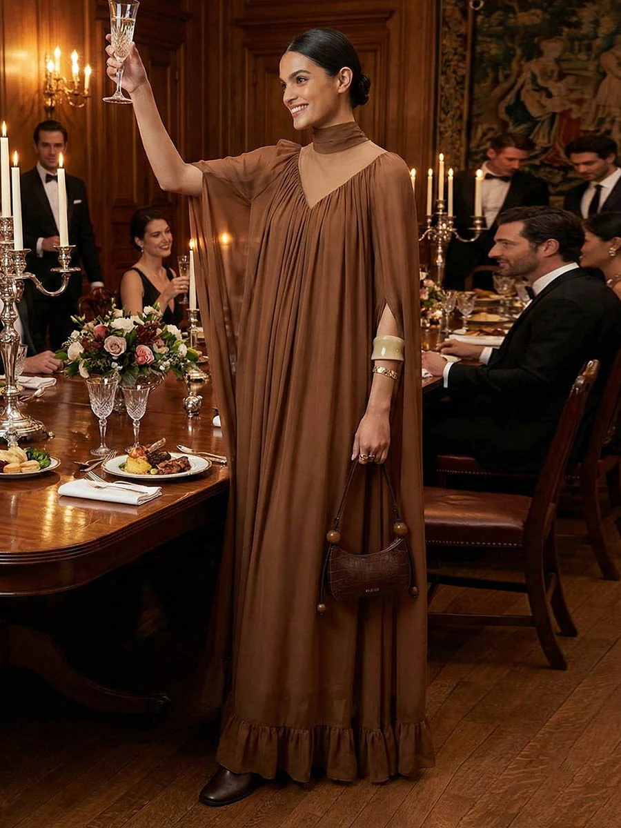 Cape Irregularity Layered Pleated Ruffled See-Through Solid Color Split-Joint High Neck Maxi Dresses - Image 9
