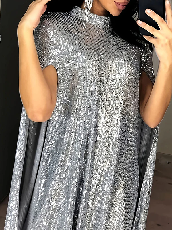 Cape Long Sleeves Sequined Shiny Split-Joint Mock Neck Mini Dresses - Image 2
