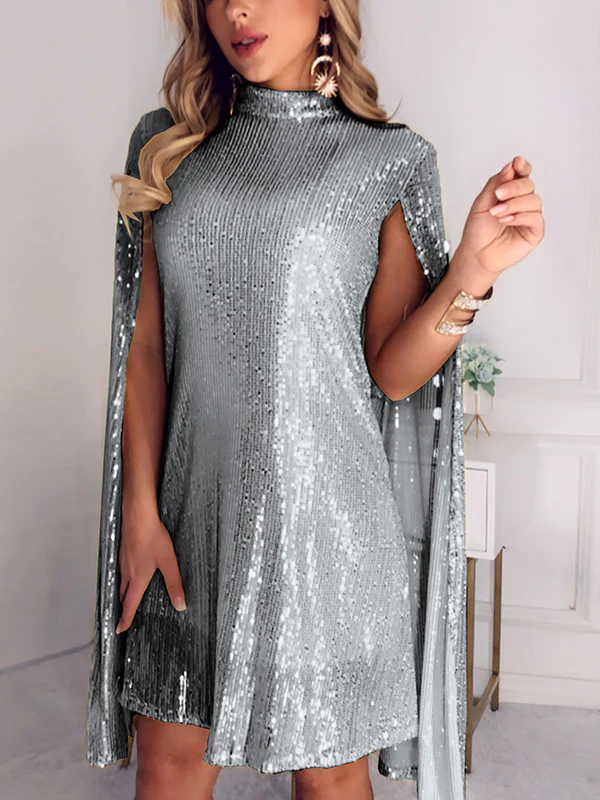 Cape Long Sleeves Sequined Shiny Split-Joint Mock Neck Mini Dresses - Image 5