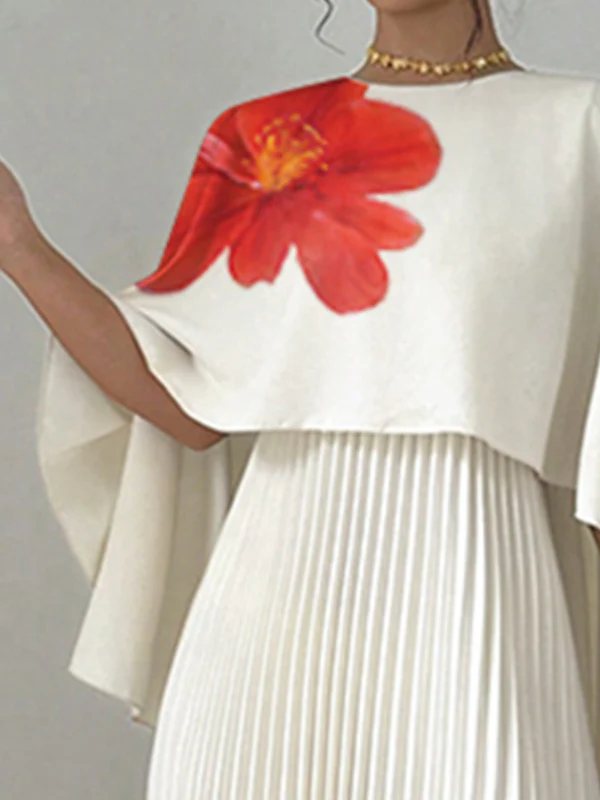 Cape Loose Floral Printed Pleated Split-Joint Round-Neck Evening Dresses Maxi Dresses - Image 2