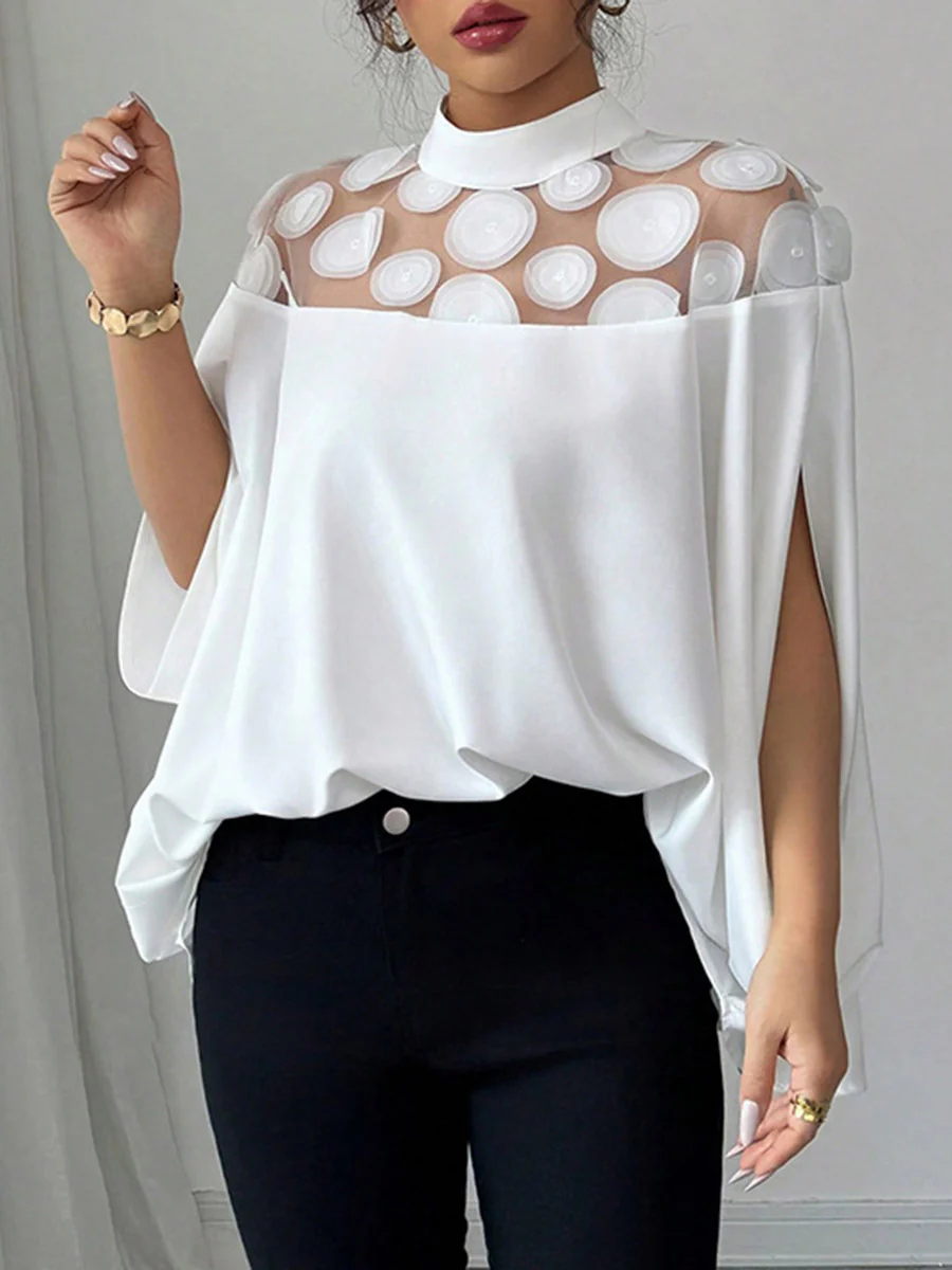 Cape Loose Geometric Pleated See-Through Solid Color Split-Joint Half Turtleneck Blouses&Shirts Tops