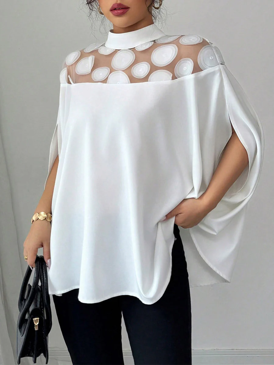 Cape Loose Geometric Pleated See-Through Solid Color Split-Joint Half Turtleneck Blouses&Shirts Tops - Image 2