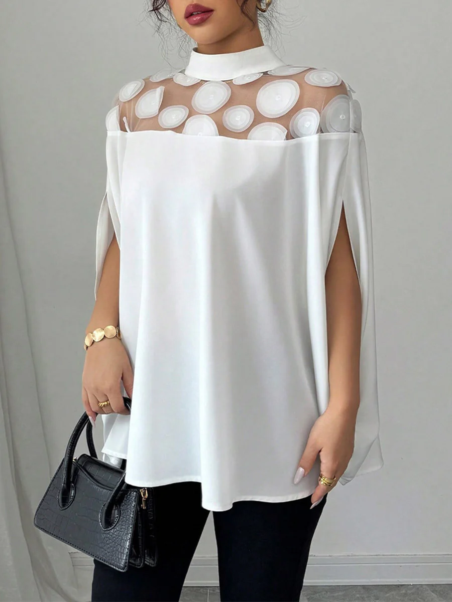 Cape Loose Geometric Pleated See-Through Solid Color Split-Joint Half Turtleneck Blouses&Shirts Tops - Image 3