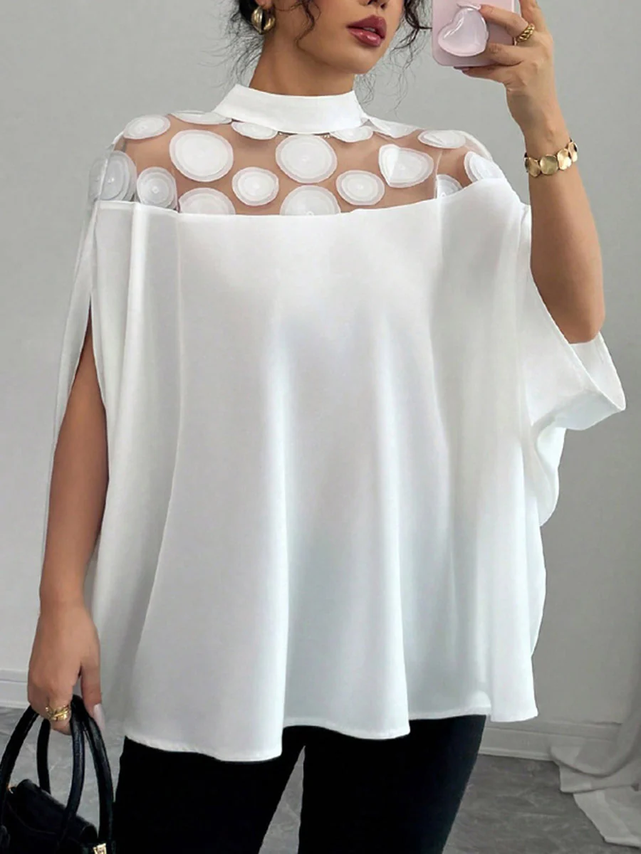 Cape Loose Geometric Pleated See-Through Solid Color Split-Joint Half Turtleneck Blouses&Shirts Tops - Image 4