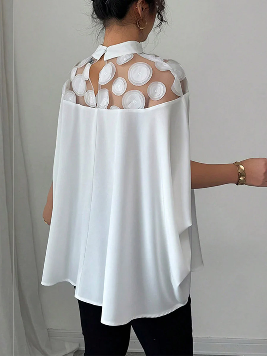 Cape Loose Geometric Pleated See-Through Solid Color Split-Joint Half Turtleneck Blouses&Shirts Tops - Image 5