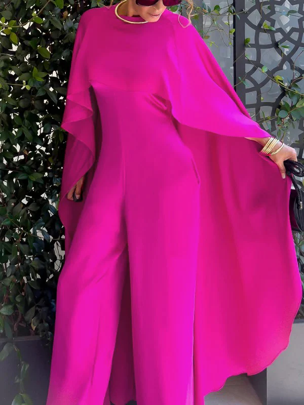 Cape Loose Pockets Solid Color Round-Neck Jumpsuits - Image 2