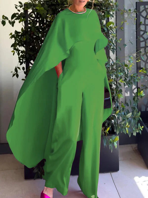 Cape Loose Pockets Solid Color Round-Neck Jumpsuits - Image 3