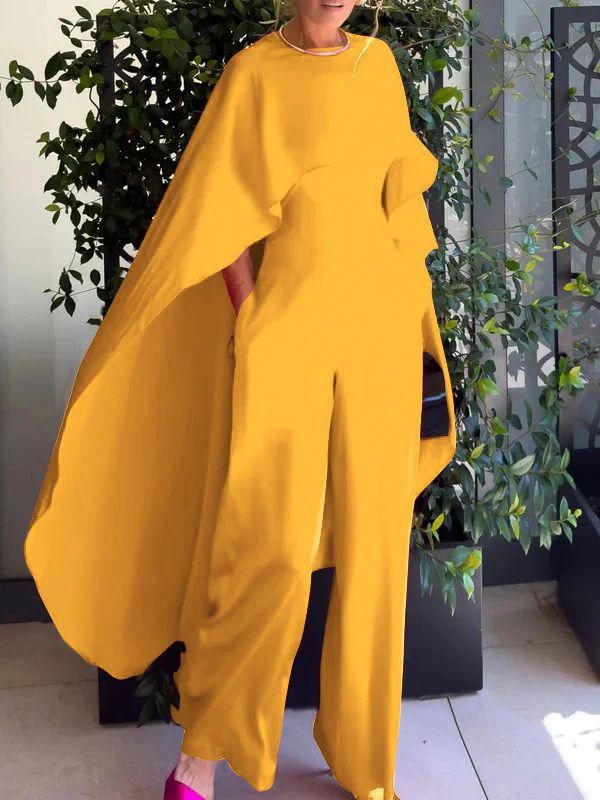 Cape Loose Pockets Solid Color Round-Neck Jumpsuits - Image 4