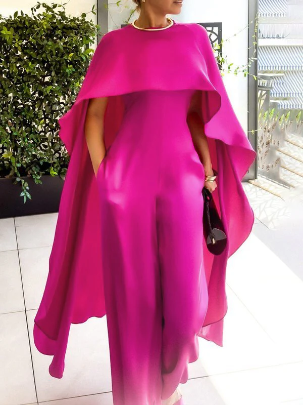 Cape Loose Pockets Solid Color Round-Neck Jumpsuits - Image 5