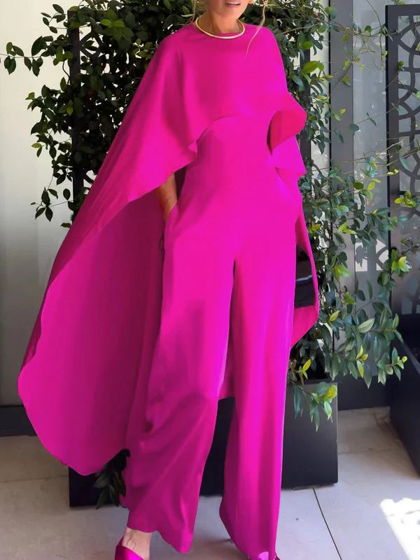 Cape Loose Pockets Solid Color Round-Neck Jumpsuits - Image 6