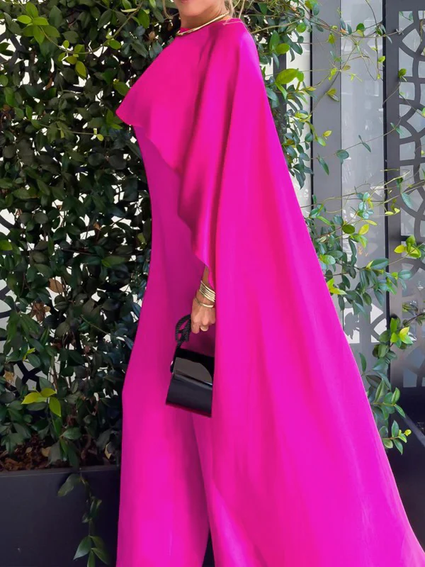 Cape Loose Pockets Solid Color Round-Neck Jumpsuits - Image 7