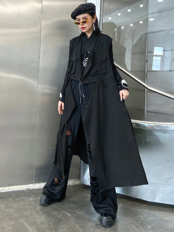Casual Asymmetric Split-Joint Drawstring Vest Dress Outerwear - Image 2