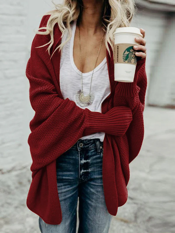 Casual Batwing Sleeves Loose Solid Color Cardigan Tops - Image 20