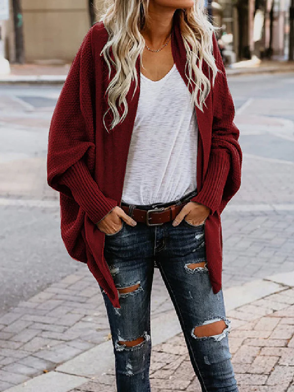 Casual Batwing Sleeves Loose Solid Color Cardigan Tops - Image 21