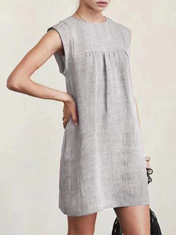 Casual Cap Sleeve Loose Solid Color Round-Neck Mini Dresses - Image 3