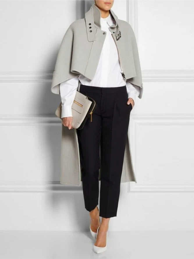 Casual High-Low Loose Solid Color Stand Collar Cape Jackets - Image 2