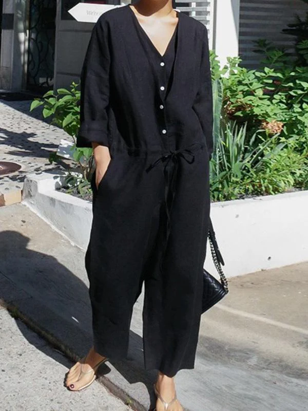 Casual Linen V-neck Jumpsuit - Image 2