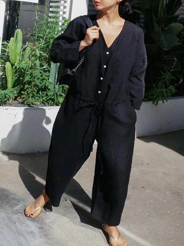 Casual Linen V-neck Jumpsuit - Image 3