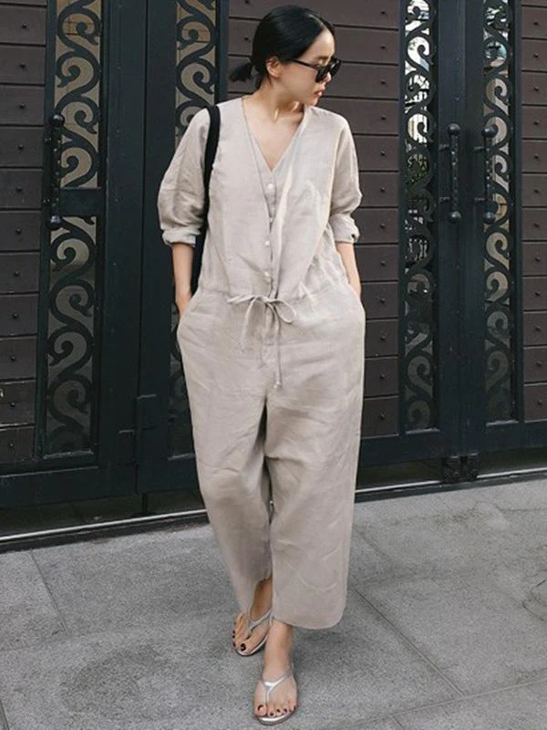 Casual Linen V-neck Jumpsuit - Image 4