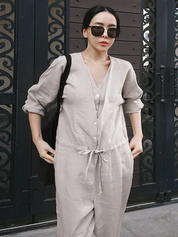 Casual Linen V-neck Jumpsuit - Image 5